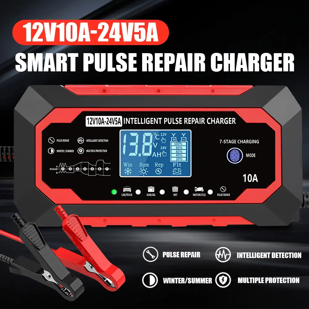 12V 10A/24V 5A Car Battery Fast Charger, Multifunctional Full-Automatic Intelligent Pulse Repair Replenisher with LCD Screen for Cars, Trucks, Marine Batteries, Full Auto