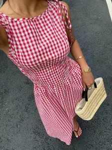 Women's Gingham Dress Sleeveless with Bow Tie Shoulder, Pleated Waist Design, Casual Commuter Style, Perfect for Vacation and Daily Wear