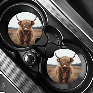 Highland Cow Cowboy Car Coaster Set with Realistic Highland Cow Design for Car Cup Holders