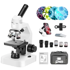 Professional composite microscope suitable for adults, children aged 8-12, and students | 2000x magnification laboratory and home microscope, with phone adapter, complete set of slides (black and white)