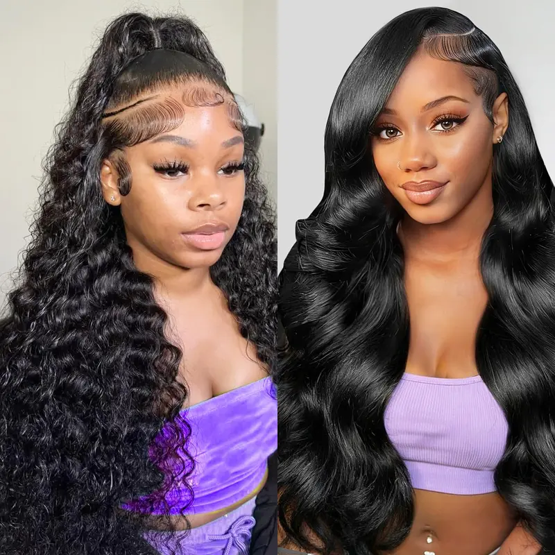 [On Sale] 2-Piece 22-30 in 13x4 HD Transparent Lace Front Human Hair Wigs Combo, Pre-Plucked, 180% Density, Body/Deep Wave & Straight, Natural Black for Black Females, Wigs Human Hair for Protective Hairstyles, Date Night, Brunch