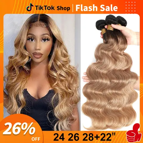ROYAL IMPRESSION 12A Grade Ombre Body Wave Human Hair Bundles with Closure, 100% Unprocessed Brazilian Raw Glossy Highlight Hair Pieces, 3 Machine-Weft Weave Extensions, Double-Weft Hold, Shedding-Preventing, 10-30 Inches, 95-100g/Bundle