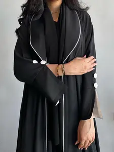 Women's Contrast Binding Open Front Abaya, Modesty Abaya, Elegant Long Sleeve Pleated Drawstring Outerwear for Spring & Fall, Ladies Islamic Clothing for Daily Wear