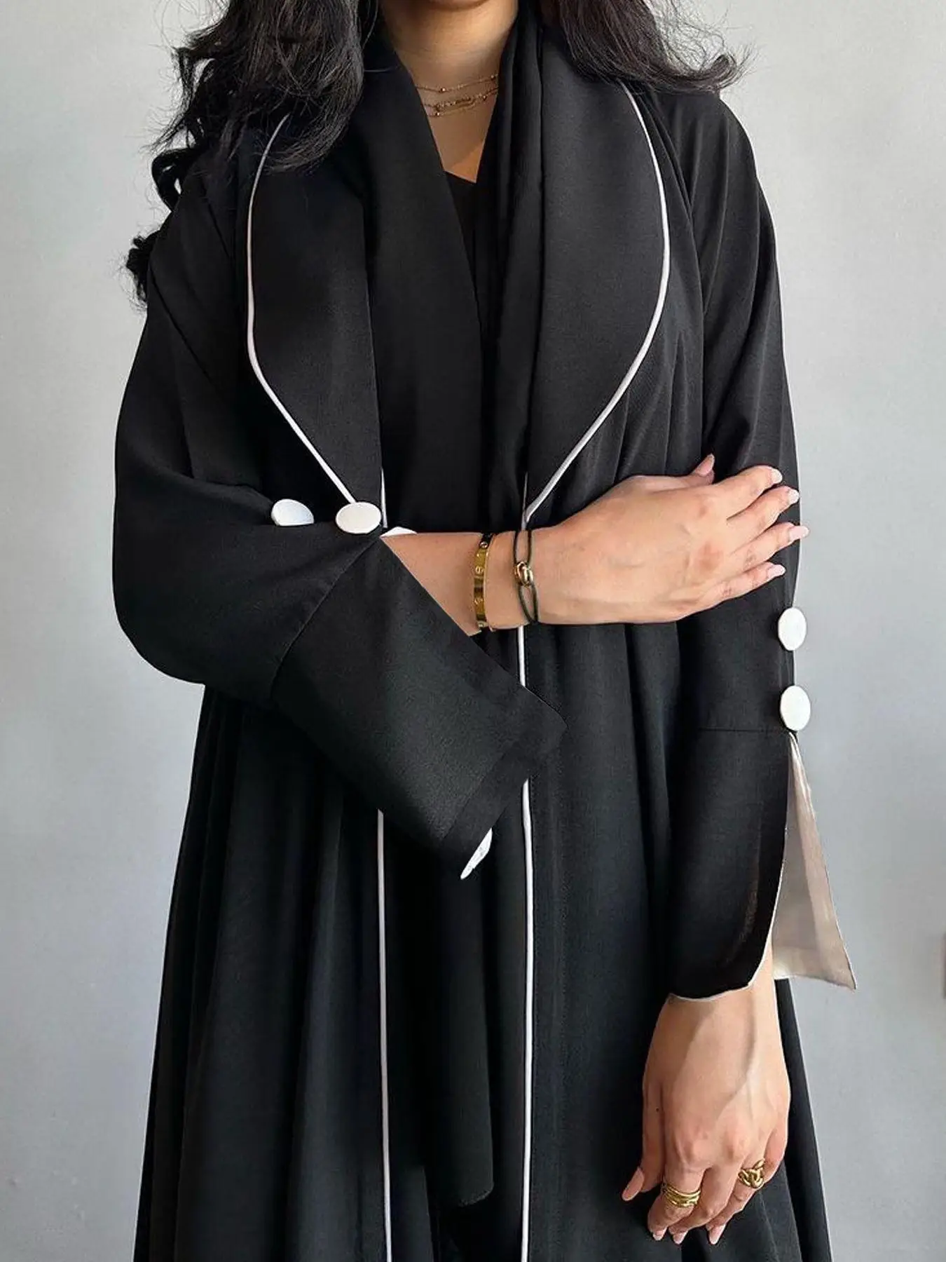 Women's Contrast Binding Open Front Abaya, Elegant Long Sleeve Pleated Drawstring Outerwear for Spring & Fall, Ladies Islamic Clothing for Daily Wear