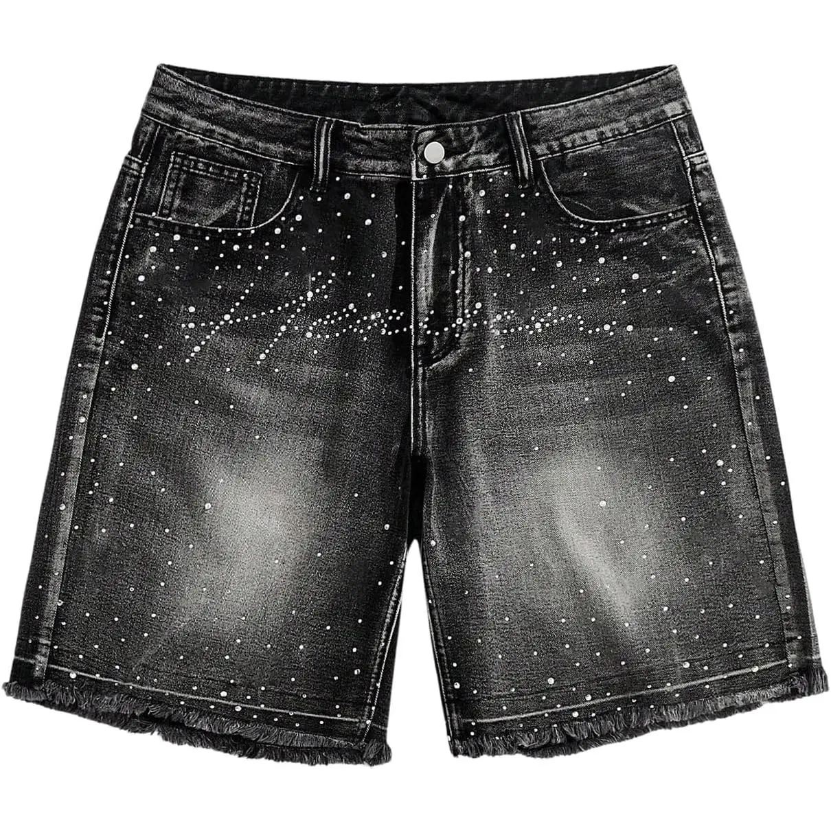 VIPWOLF Men's Jorts Y2k Sparkly Rhinestone Jean Shorts Summer Cruise Outfits Vintage Raw Trim Bermuda Denim Shorts