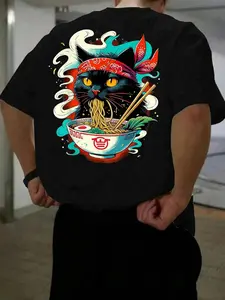 Men's Cat & Ramen Noodles Print Graphic Round Neck Tee, Regular Fit Casual Streetwear Short Sleeve Crew Neck T-Shirt for Daily Wear, Men's Top for All Seasons, Tropical, Casual Street Style