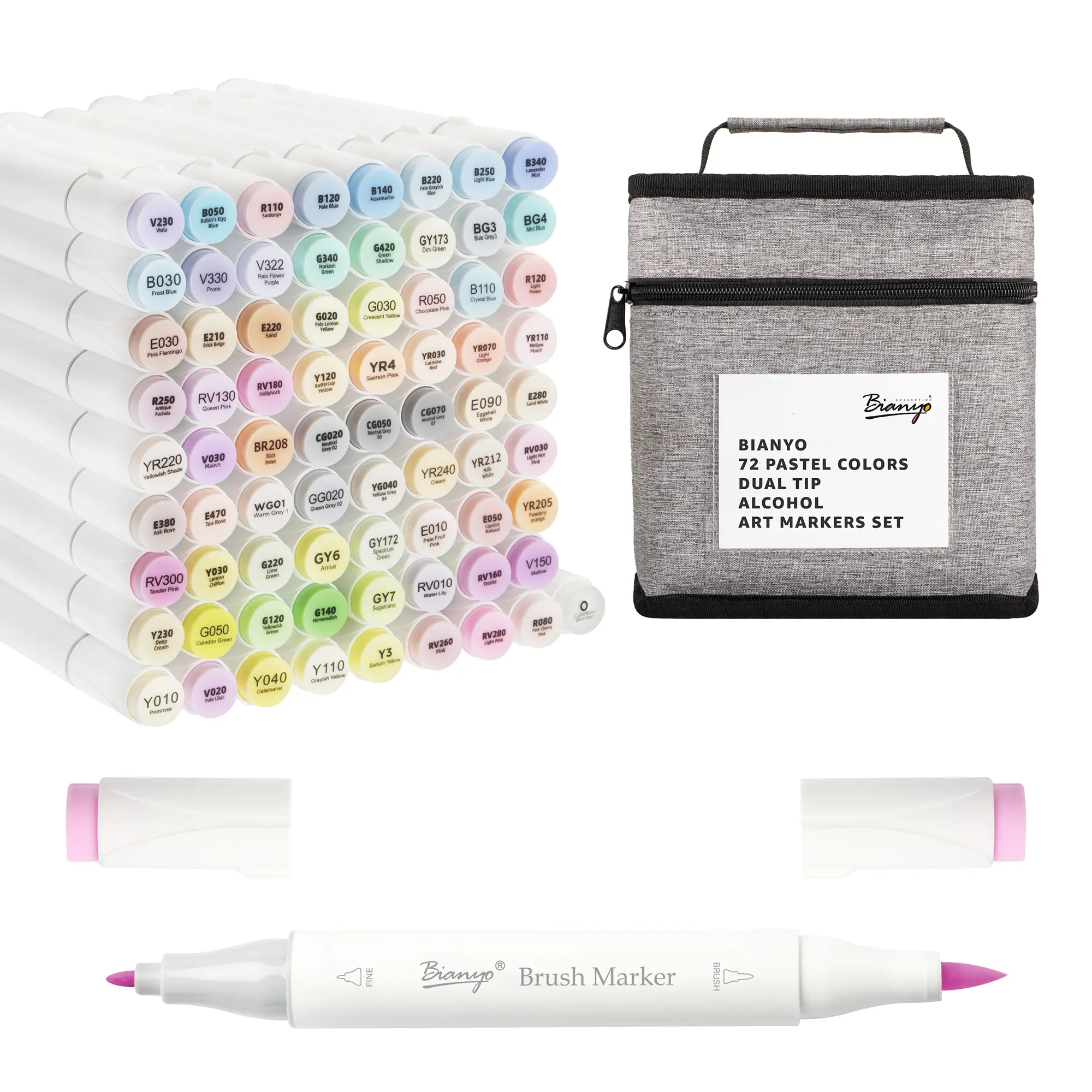 Bianyo 72 Multifunctional Pastel Dual-Tip Alcohol Art Markers Set, Brush & Fine Points, Non-Smudging Pigmented Art Materials for Artists, with Storage Bag, Cute Office Stationery for Drawing Sketching, Multifunctional Pastel Color