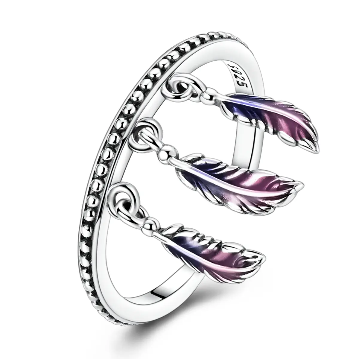 NARMO Bohemian Feather Ring for Women, S925 Silver Adjustable Band with Dangling Charms, Fantasy Colors Enamel, Daily Jewelry for Christmas & Bohemian Theme Parties, Birthday, Valentine's Day, Anniversary, Everyday Wear, Boho Charm, Gradient Feathers, Ope