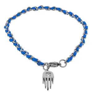 Blue Hammered Hamsa Charm Stainless Steel Chain Bracelet Home Decor Statue Figurine - Approx. 7" Length