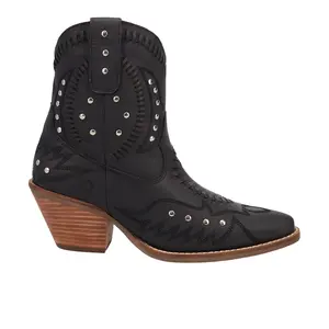Dingo Womens Precious Embroidered Studded Snip Toe Pull On  Casual Boots Ankle Mid Heel 2-3" - Black