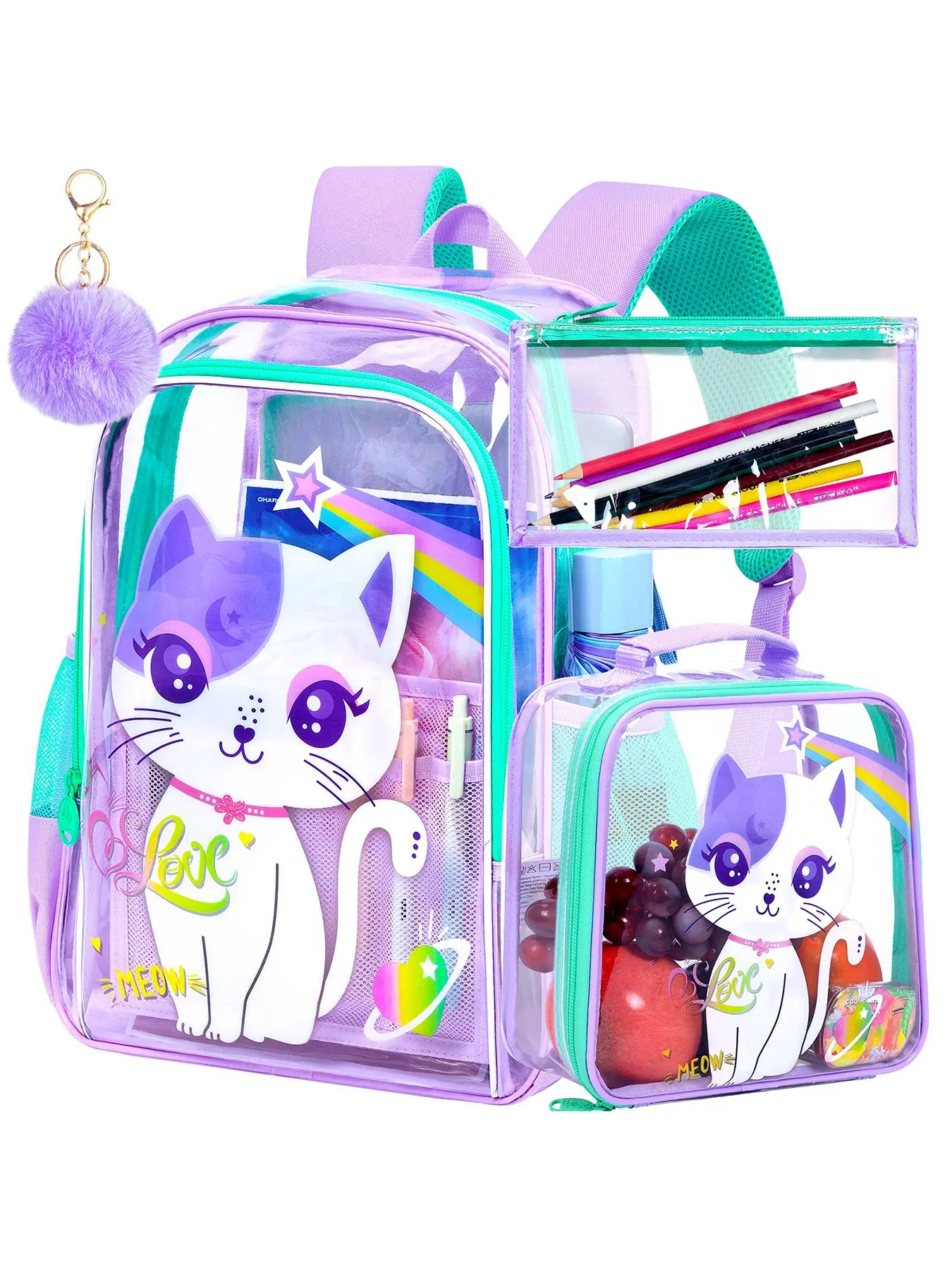 3-Piece Clear Transparent Cat Multi Compartment Multi Function Backpack Set | Cute Cartoon Style Kawaii Youth Backpack | Waterproof PVC with Detachable Lunch Bag & Pencil Pouch | For Girls 6-12 School & Travel School Backpacks