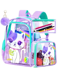 3-Piece Clear Transparent Cat Multi Compartment Backpack Set | Cute Cartoon Style | Waterproof PVC with Detachable Lunch Bag & Pencil Pouch | For Girls 6-12 School & Travel School Backpacks