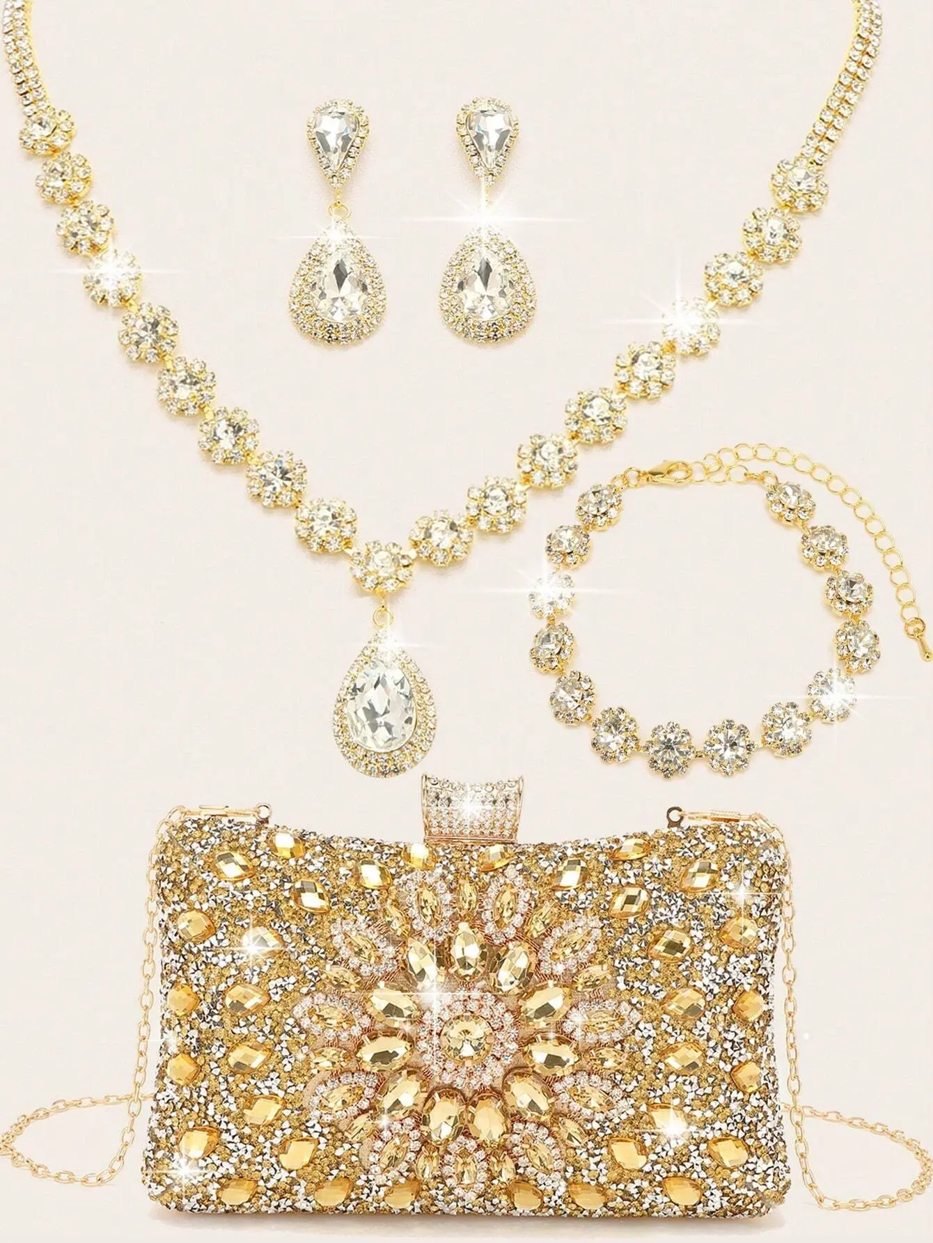 Rhinestone Jewelry Bling Necklace Earrings Bracelets Set for Women - 4 Pieces Glitter Bag for Bridal, Wedding, Party square diamonique stud earring.