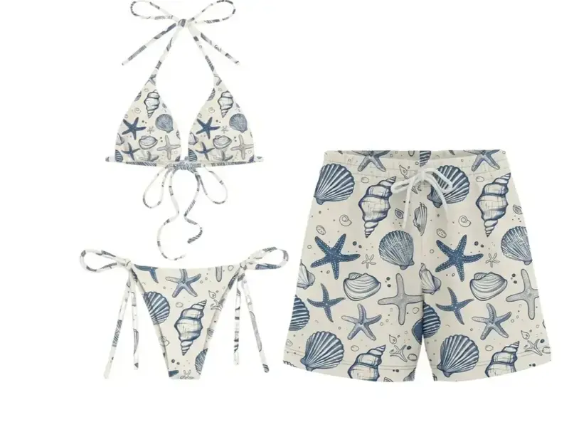 Seashell Duck Camo Matching Couple Swimwear Set | Women's Bikini & Men's Beach Shorts