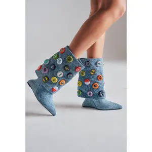 AZALEA WANG EAVEN WEDGE EMBELLISHED DENIM BOOTIE