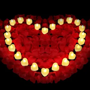 Red Rose Petals Set,1000 Pieces Artificial Rose Petals with 24 Pieces LED Tea Lights Candles,Roses Petal for Romantic Night for Her,Proposal Decorations for Women,Wedding,Bedroom,Anniversary