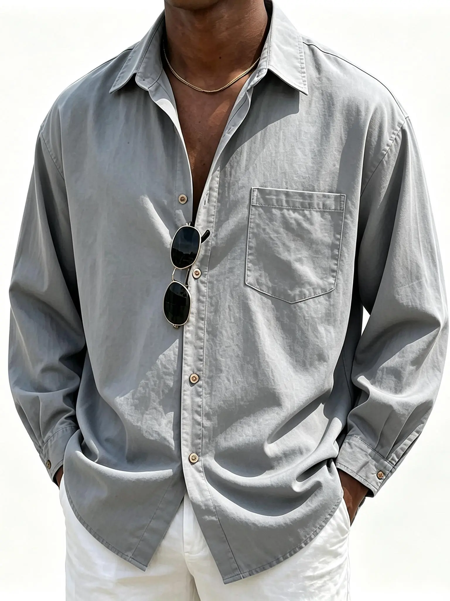Men’s 100% cotton long-sleeve button-down shirts, oversized loose fit casual work shackets with chest pocket, solid neutral gray soft washed collar shirt for everyday street and outdoor wear