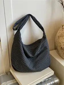Lazy style patterned commuting shoulder bag | Grid fabric+wide shoulder strap, can hold computers, books, daily necessities, versatile and practical for daily commuting of workers and students