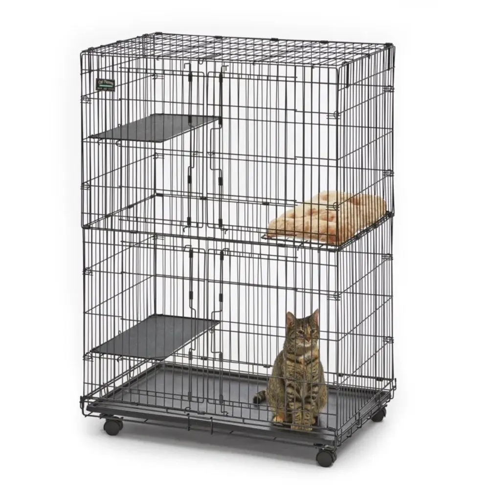Midwest Homes For Pets Cat Playpen - Foldable Design with 4 Roll & Lock Casters, Slide-Out Plastic Floor Pan, and Swing-Open Front Doors