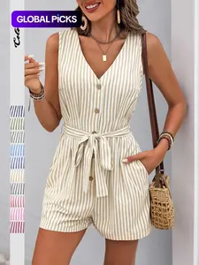 Women's Striped Print Tank Vneck Romper, Casual Chic Fitted Sleeveless Romper for Summer, Ladies Clothes for Daily Wear, Womenswear, Casual Overalls