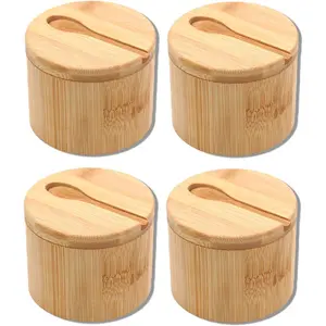 Bamboo Salt Cellar  with Magnetic Swivel Lid & Spoon, Salt and Pepper Storage Container, Kitchen Countertop Organizer for Spices, Herbs
