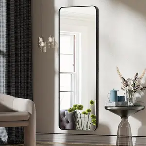 New Black Floor Mirror Full Length Rounded Corner Full Length Mirror with Stand Hanging or Leaning Against Wall Aluminum Alloy Frame Dressing Mirror for Living Room Bedroom Decor Glass