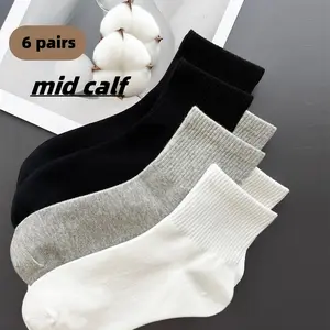 Z Comfort 6 Pairs Mid-Calf Socks One Size Fits All Black White Gray Unisex Cotton Breathable Elastic Non-Dropping Heel Sports Commute