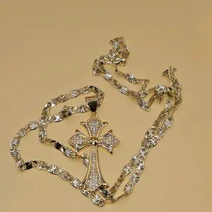 Byzantine Clear Gemstones Cross Pendant with 4 mm 23.3 diamond cut style chain- made of copper 14 karat gold plated not a water resistant