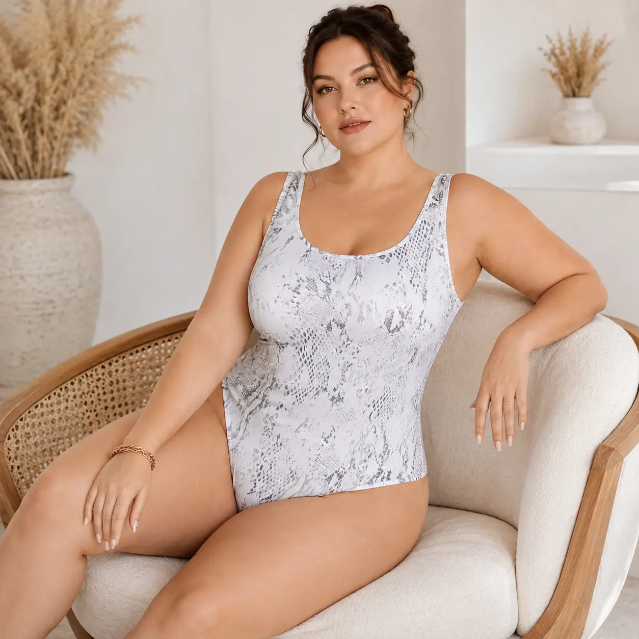 Women’s Plus Size All-Over White Snake Print Sleeveless Scoop Neck Fitted Polyester Bodysuit - Light, Stretchy Soft Fabric for Everyday Style, Summer Party Wear