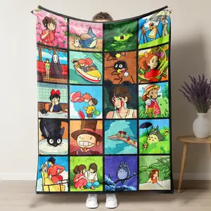 Pixel Art Studio Ghibli Movie Scene Collage Fleece Blanket, Classic Anime Iconic Moments Grid Soft Lightweight Blanket for Room Home Decor,Collector Item Perfect Gift For Ghibli Super Fans & Anime Otaku