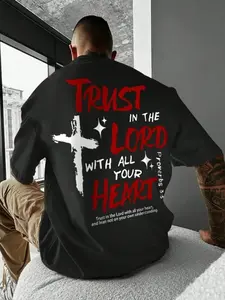 Men's Short Sleeve Bible Verse & Cross Pattern T-Shirt, Versatile Comfortable Breathable Trendy Fashion Outdoor Wear, Casual Fitted Long Clothing, Top