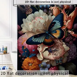 2D Flat 1pc 70.9x70.9 Inch Cartoon-themed Decoration Shower Curtain with Butterfly, Flowers and Rose Patterns, Suitable for Home Bathrooms and Country Camping, A Perfect Birthday Gift for Friends, Comes with 12 Hooks