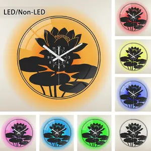Modern Record-Shaped Wall Clock, Round Transparent Glass, Clock, Lotus Leaf Design, 9.84"/11.81"/13.78", No Battery, LED Color Changing