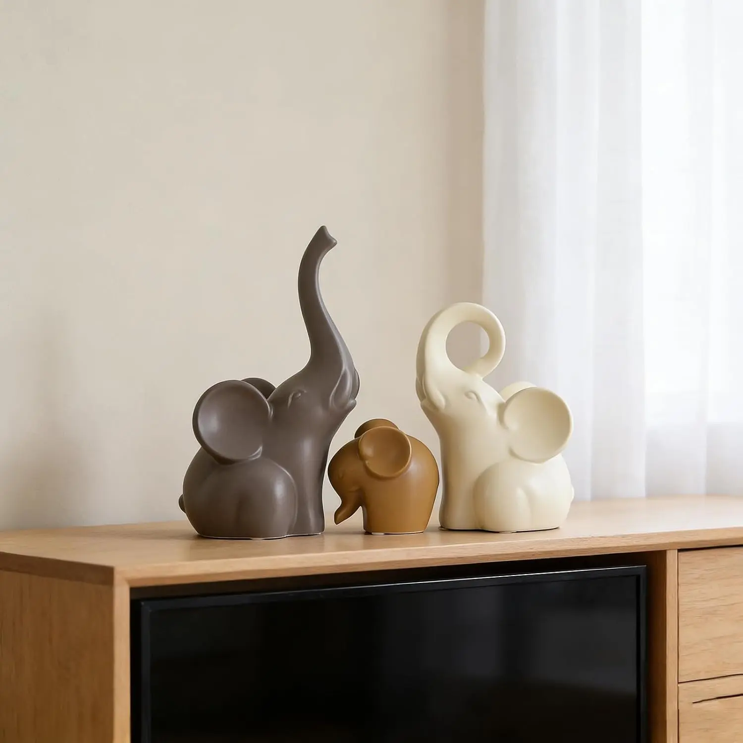 Elephant Statue Set of 3,Modern Ceramic Decor Statue, Luck Elephant,for Bookshelf Living Room Office Table Shelf Decorations. for Elephant Lovers. (Nordic Big Ear Elephant)