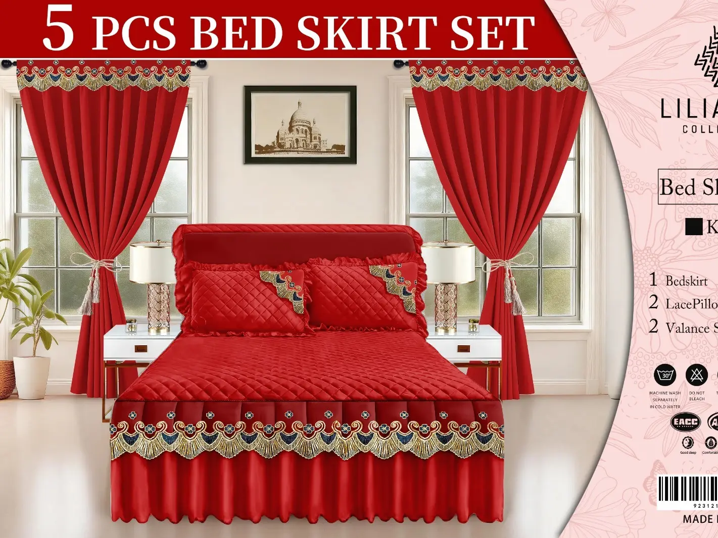 LILIANNA Collection 5-Piece Luxury Bed Skirt & Curtain Set – Elegant Embroidered Bedding Décor with 2 Valance Curtains & 2 Decorative Pillow Covers – King Size