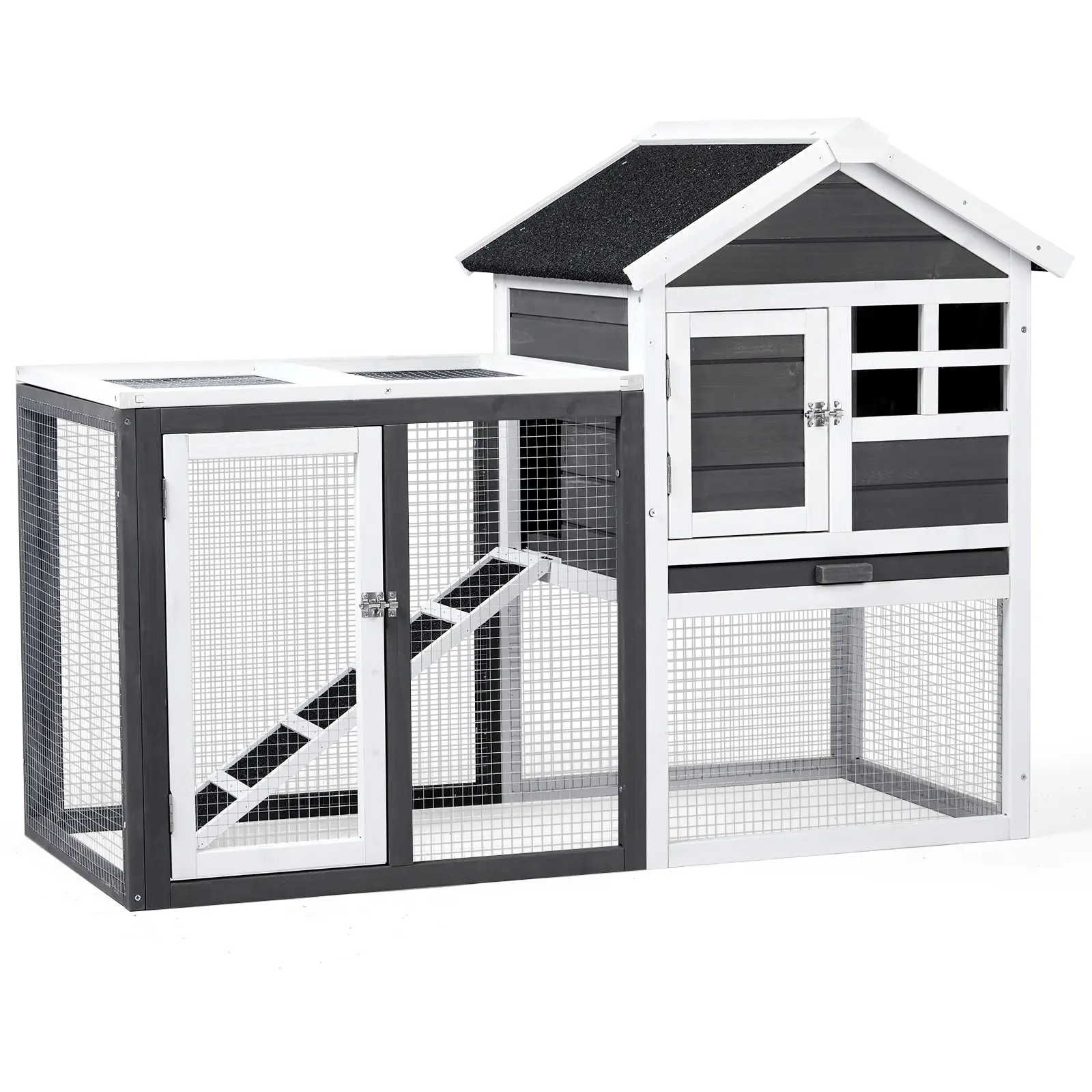48" L×24.8" W×35" H Wood Outdoor Pen/Hutch - Indoor/Outdoor All-Seasons Pet House for Rabbits,Ferrets,Guinea Pigs, Chicken Coop with Mesh Run,Pull-Out Upper Tray,Simple Assembly,Grey,31.7 Lbs/14.4 Kg