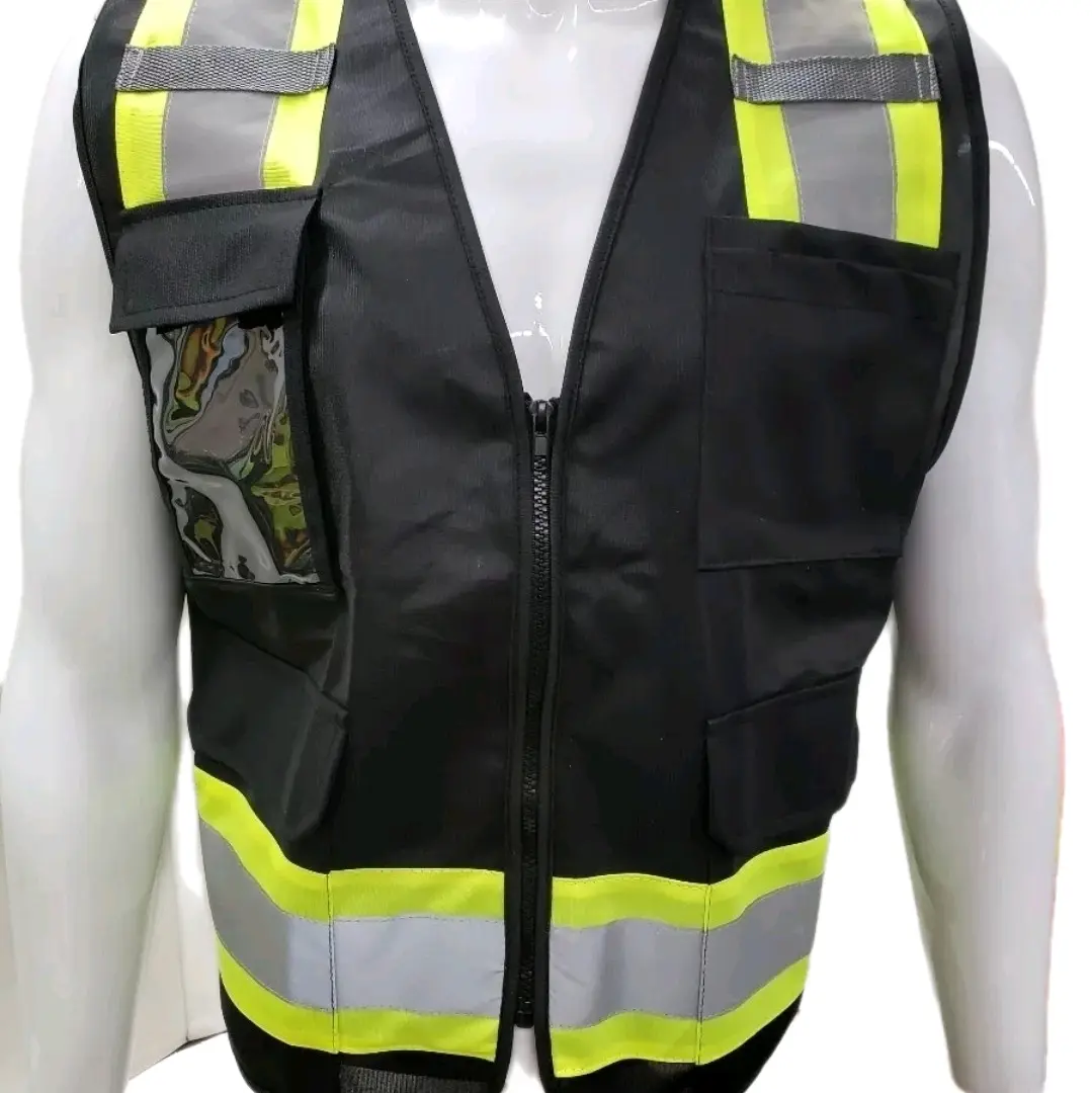 SV807 High Visibility BlackReflective Vest with clear ID Pocket  ( SEE DESCRIPTION FOR SIZE INFORMATION)