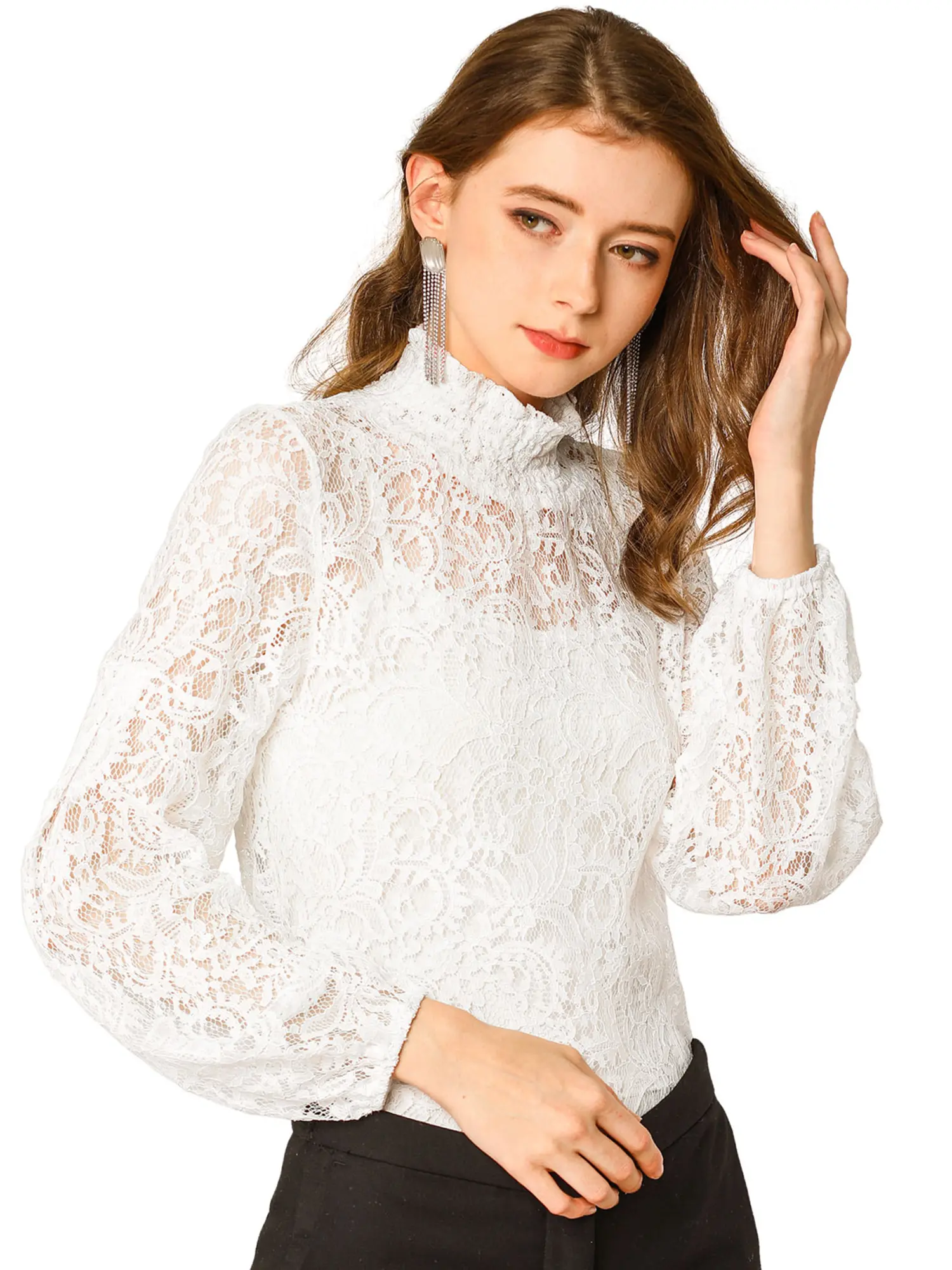 INSPIRE CHIC Floral Lace Top Turtleneck Puff Long Sleeve See Through Sheer Blouse