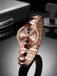 Luxury Rose Gold Women's Watch Set, Rhombic Cut Case, Gradient Dial with Diamonds, Scale Pattern Strap, Casual Style, All Seasons