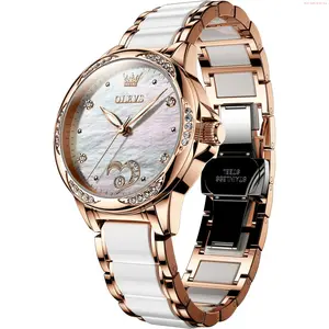 OLEVS Watch OLEVS Womens Automatic Watch, Premium Large Face Diamond Accented Self Winding Watches for Women, Fashion Waterproof Ladies Dress Watch, Two Tone Stainless Steel Ceramic Bracelet