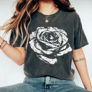 ROSE Printed Design Unisex Vintage Crew Neck Regular Fit Cotton Fabric Casual Comfort Breathable Short Sleeve Funny T-shirts Fashion Men&Women's Top for Streetwear 010610