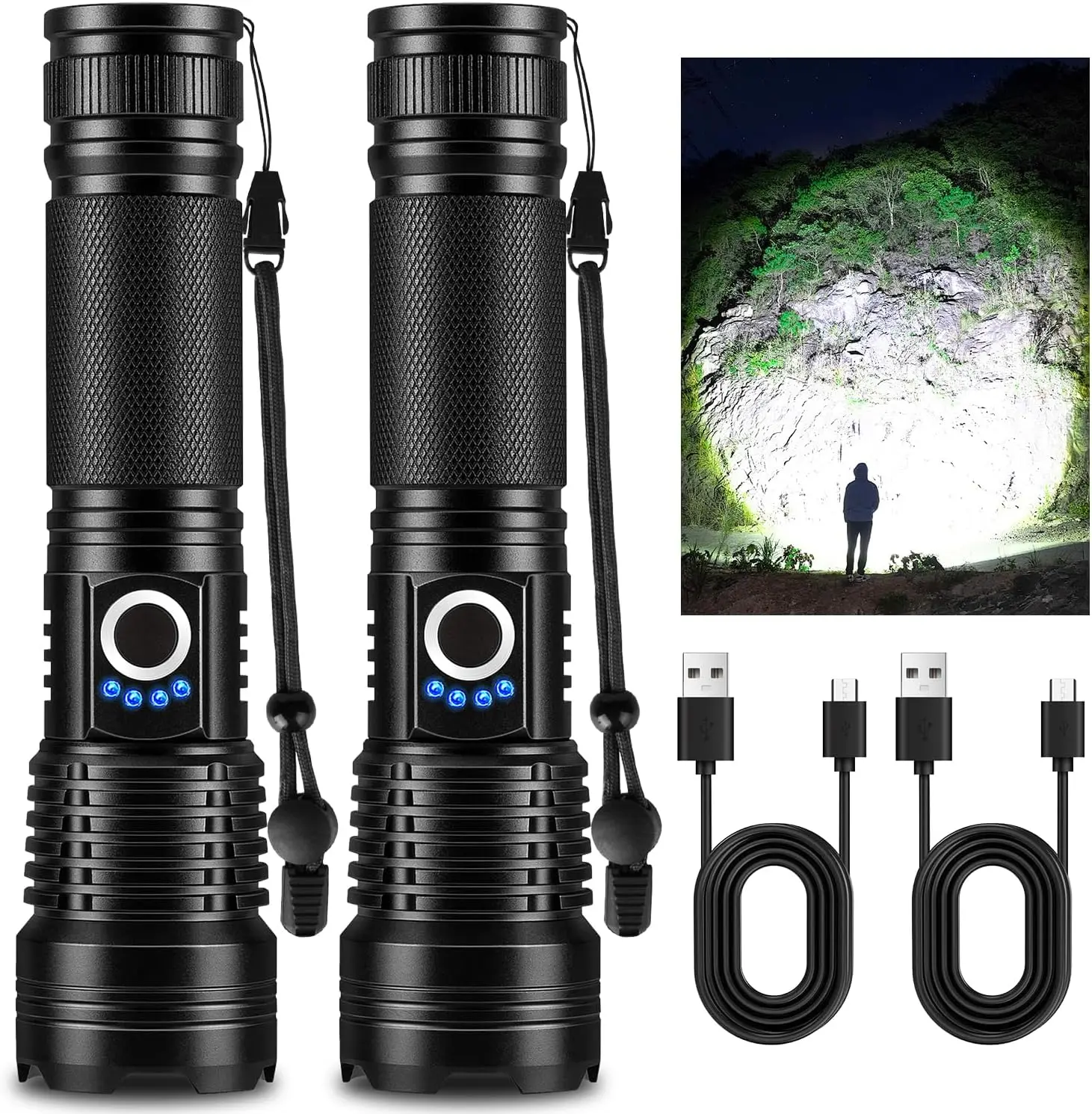 Rechargeable High Power LED Flashlight, 99,000 High Lumens Super Bright Flashlight, 5 Modes IPX6 Waterproof Handheld Flashlights for Home Emergency Camping Hiking（2 Pack）