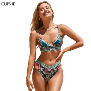 CUPSHE 2026 Vintage Paisley Bikini Set Swimsuit | Triangle Top & Overlap Cheeky Bottoms | Retro Boho Surplice Bathing Suit with Adjustable Straps for Beach Club & Vacay