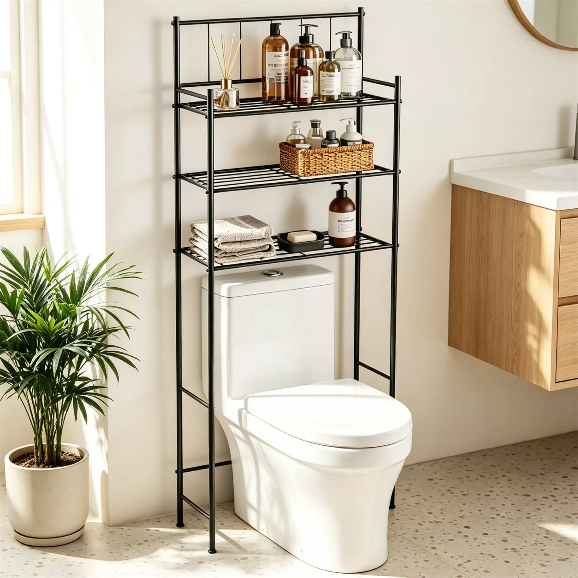 3-Tier Black Metal Over-the-Toilet Storage Rack, Bathroom Tall Cabinet Organizer Shelves anti-tip kit drawer dresser style cupboard sideboard furniture indoor