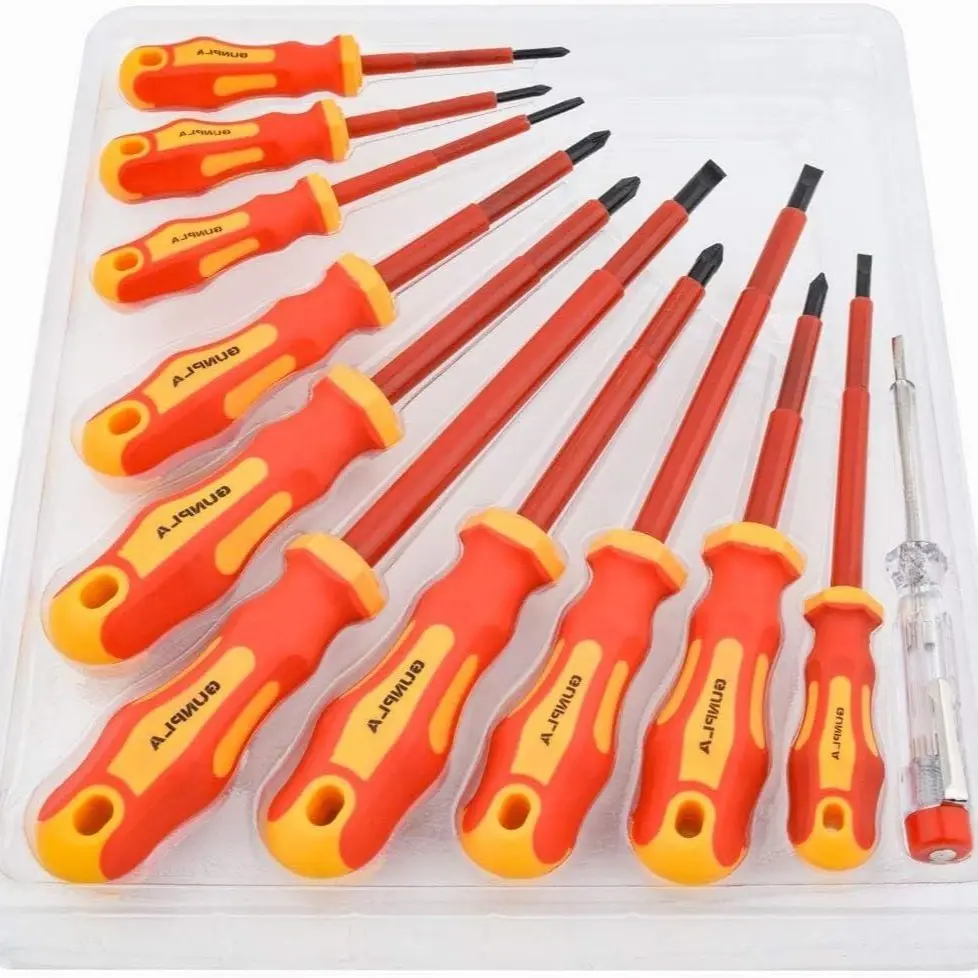 Gunpla 11pcs VDE Insulated Screwdriver Set, 1000V Magnetic Slotted Phillips Pozi with Safety Tester, TPR Soft-Grip Handle for Electrical Work, Home DIY, Computer Repair, Appliance & Furniture Dismantling