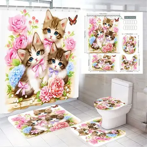 4pcs Floral Kitten Bathroom Decor Set, Rose & Blue Hydrangea Shower Curtain, Toilet Seat Cover, Bath Mats, Adorable Ribbons, The floor mat fabric is thicker and softer! Soft Pastel Whimsical Design for Charming Easter Spring Bathroom