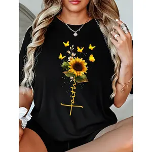 Lady's Cotton Fitted Short-Sleeve Round Neck Graphic Faith Sunflower Print Casual Summer T-Shirt, Versatile Womenswear Top,summervibes