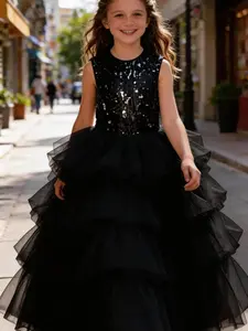 Girls' Sequin Sleeveless Dress, Luxe Layered Mesh Cake Dress, Kids Fashion Show Costume, Birthday Party Evening Gown, Stage Performance Princess Dress