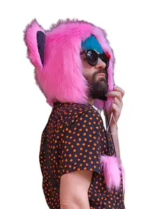 Atomic Laundry Apparel Pink and Black Faux Fur Bear Mouse Hat with Large Adorable Ears and Fluffy Pom Poms One Size Fits All Teen Adult