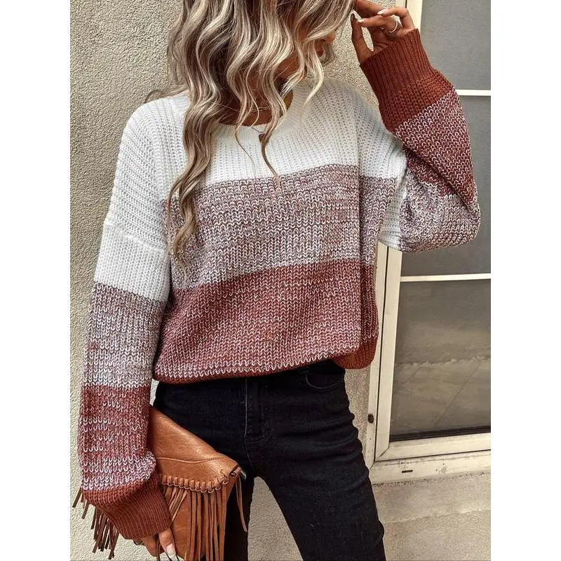 Women's Gradient Crew Neck Sweater, Casual Long Sleeve Loose Knit Pullover, Fall Winter Fashion Colorblock Jumper, Casual Fitted Knitwear（gift）